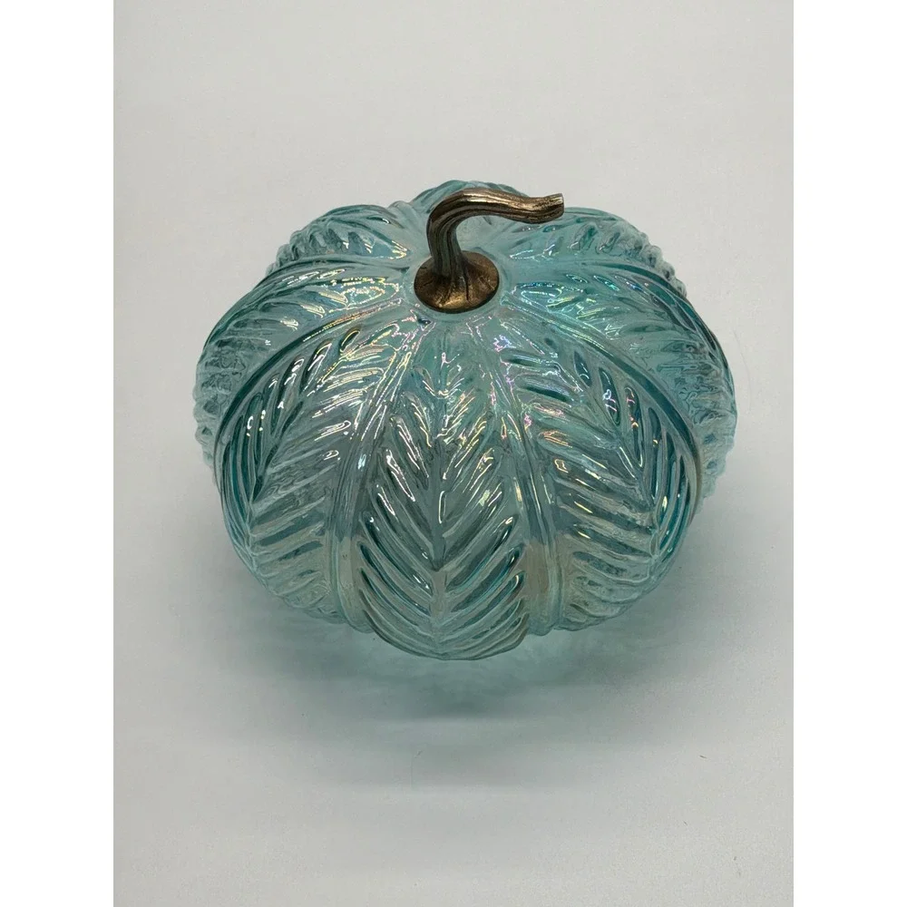 Iridescent Blue Glass Light Up Pumpkin Leaf Pattern Bronze Stem 7.5 inch Decor